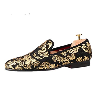 HI&HANN Gold Printing Men's Velvet Loafer Shoes Slip-On Loafer Round Toes Smoking Slipper