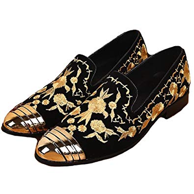 Cover Plus Size 5-12 Black Genuine Suede Leather Gold Embroidered Slip On Loafers Steel Toe Mens Dress Shoes